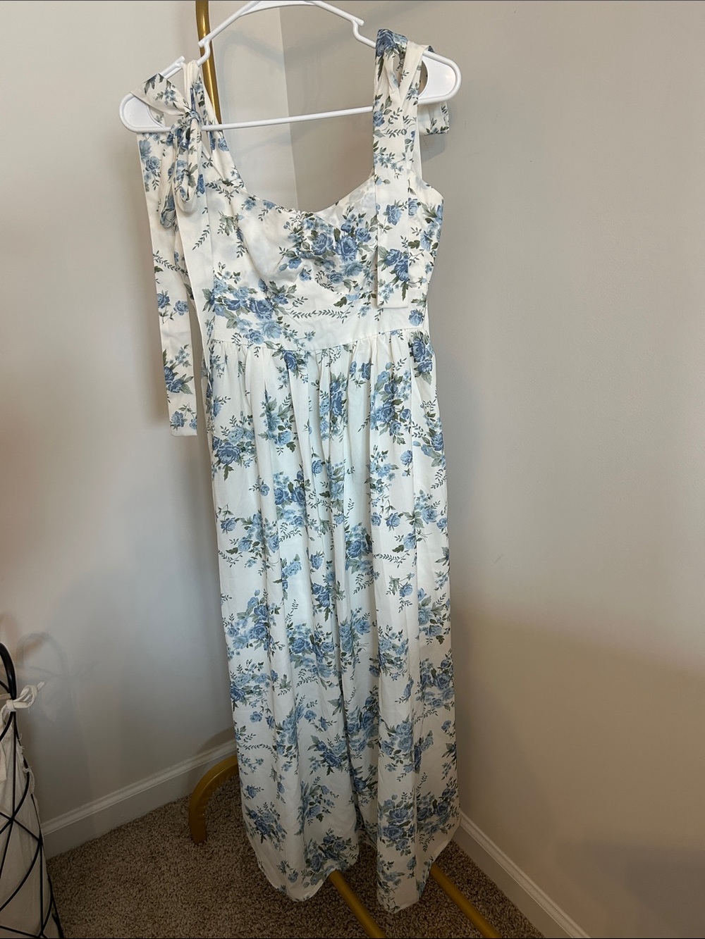 Cider White Midi Dress with Blue Floral Print- WORN ONCE